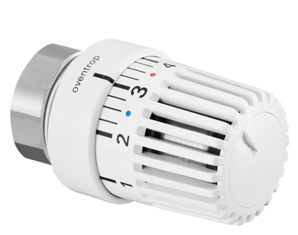 Weißer Oventrop Thermostat mit Skalierung von 1 bis 4 und integrierten Farbcodes. Der Kopf ist rund und bietet eine Regulierungsfunktion für Heizkörper.